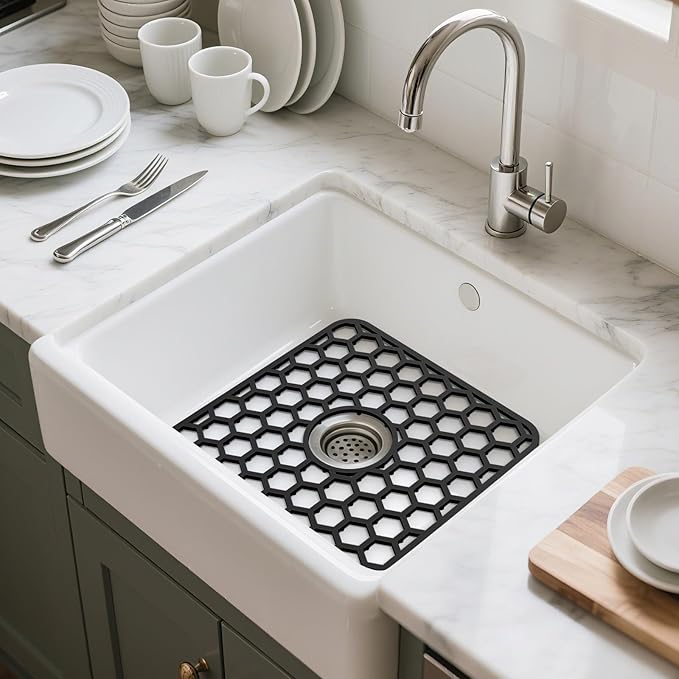 Bestjing Silicone Sink Protectors for Kitchen Sink - 12" x 11" Kitchen Grid Accessory, Non-Slip Heat-Resistant Mat for Bottom of Porcelain Stainless Steel, Dishwasher Safe (Black)