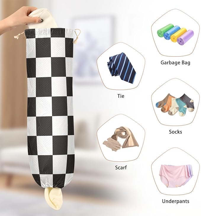 Plastic Bag Holder Wall Mount Grocery Bag Shopping Bag Storage Holder Organizer Dispenser with Adhesive Hook,for Kitchen Bathroom Home Decor 9x22 Inches Checkered Black and White02