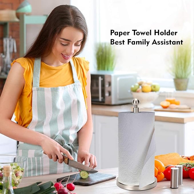 Paper Towel Holder Countertop, Standing Paper Towel Roll Holder for Kitchen Bathroom, with Weighted Base for One-Handed Operation (Stainless Steel Base, Brushed Nickel)