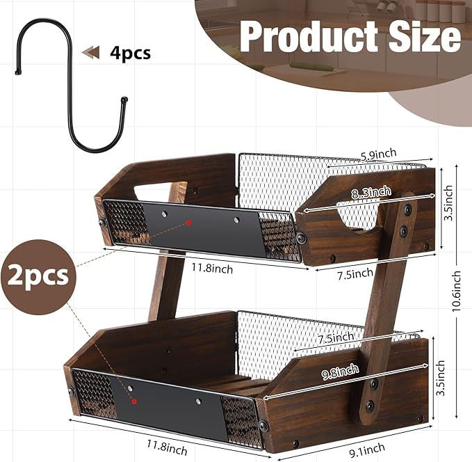 2 Tier Fruit Basket for Kitchen Counter Organizer with Banana Hangers Wooden Fruit Basket Kitchen Counter Storage Holder for Onion Potato Bread Vegetable Organize(11.8 x 9.1 x 10.6 Inches)