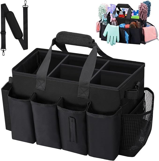 Wigojoy Wearable Large Cleaning Caddy Bag for Housekeeper, Clean Supply Organizer with Adjustable Shoulder, Waist & Handle Straps, Detailing Bag for Kitchen Supplies (Black)
