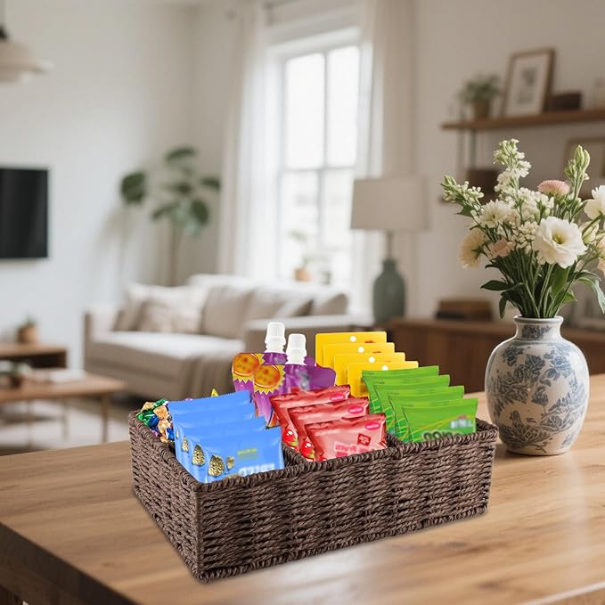 Snack Bar Station Organizer,Pantry Organizers and Storage Bins,Hand-Woven Snack Basket for Countertop with 6 Compartments,Snack Display Box for Candy,Drink Packet,Chips,Spice Organizer,Brown