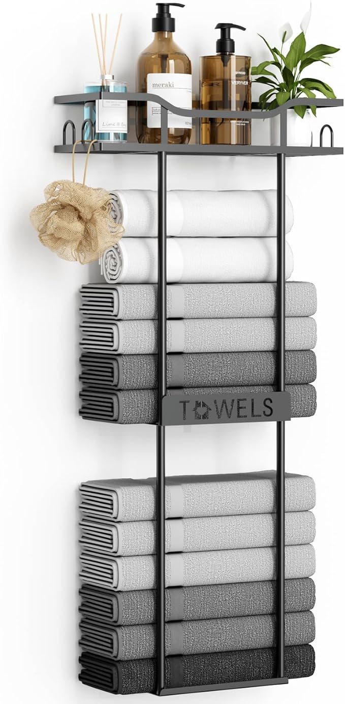 Towel Racks for Bathroom Wall Mounted Towel Storage Organizer Wall Towel Rack for Rolled Towels（2 Tier Black