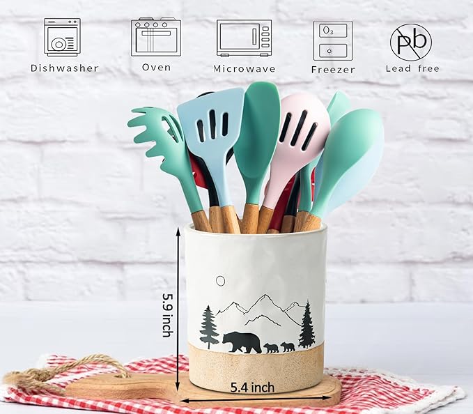 Bear Ceramic Kitchen Countertop Utensil Crock White Large Cooking Utensil Holder