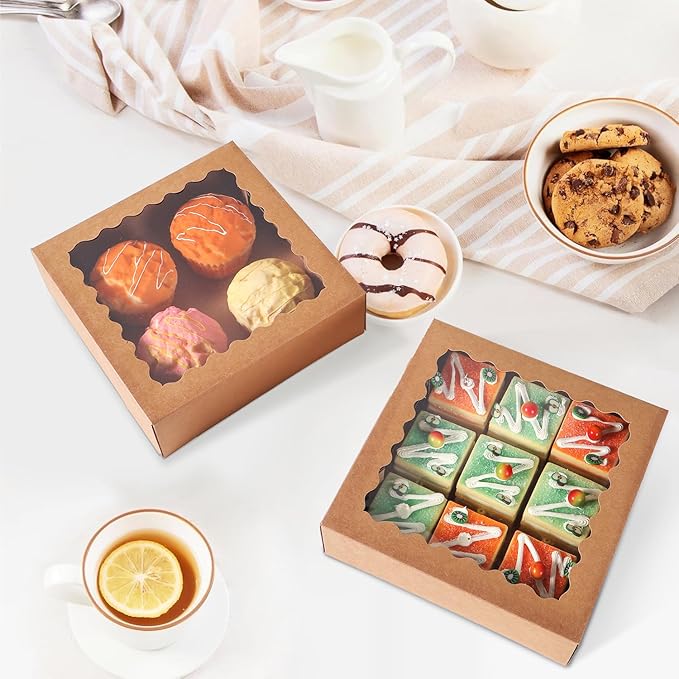 36 pcs 9x9x2.5 Inches Cake Box with Window, Bakery Pastry Cookie Boxes, Mini Pie for Pastry,Dessert,Strawberries,Chocolates (Brown, 9x9x2.5inch/36pcs)