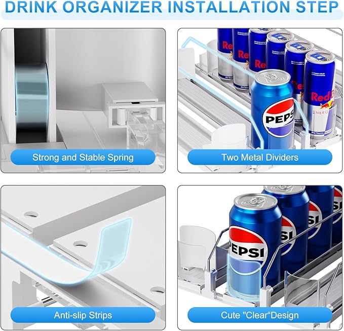 Drink Organizer for Fridge,5 Rows Fridge Soda Can Organizer,20oz 16oz 12oz-Self Pushing Soda Dispenser for Fridge,Adjustable Width-Holds up to 25 Cans,White