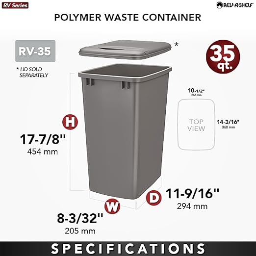 Rev-A-Shelf Polymer Replacement 35 Quart Trash Bin Recycle Waste Garbage Container for Kitchen Cabinet Pullouts, Blue, 2 Pack, RV-35-22-2