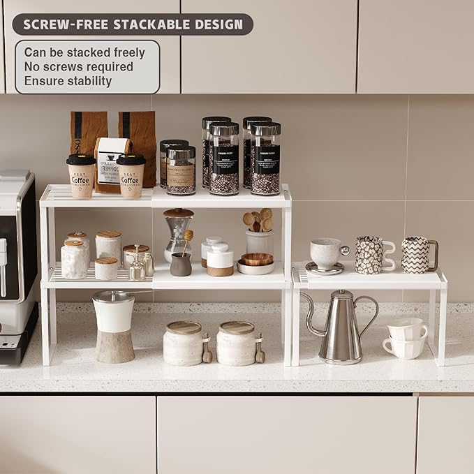Expandable Cabinet Shelf Organizer, 2 Pack Stackable Kitchen Counter Shelf Riser, Metal Spice Rack Adjustable Heavy Duty Countertop Organizer Storage for Kitchen, Pantry, Cupboard, Rv (White)