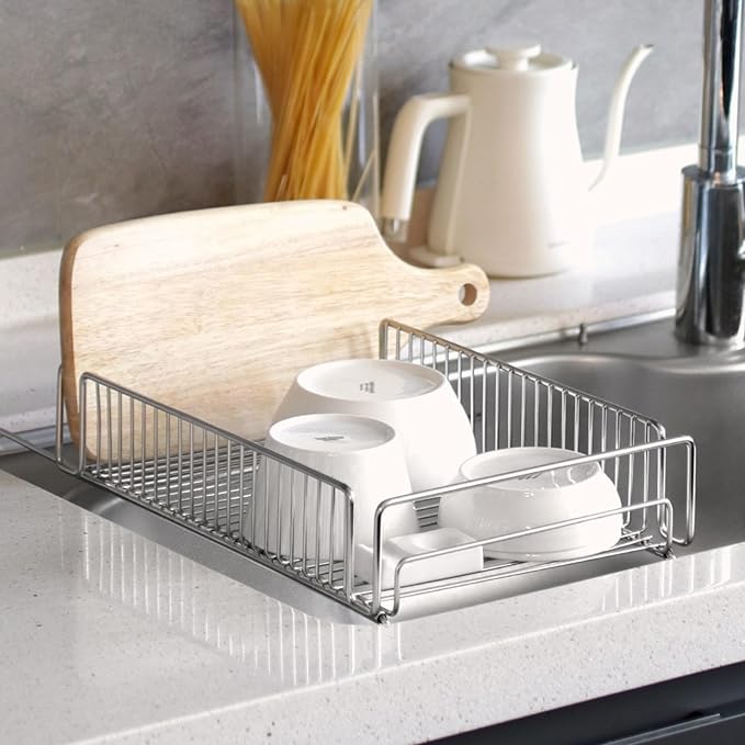 Expandable Over The Sink Dish Drying Rack – Adjustable SUS 304 Stainless Steel Dish Drainer (14"–24" Length), Rust-Resistant Large Drying Organizer, Compact Space Saving Kitchen Rack