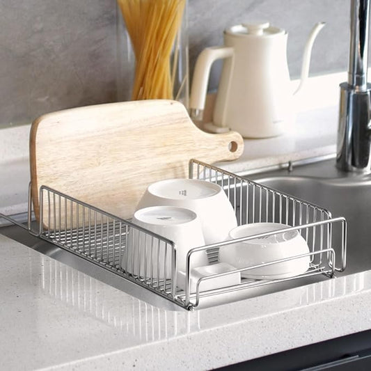 Expandable Over The Sink Dish Drying Rack – Adjustable SUS 304 Stainless Steel Dish Drainer (14"–24" Length), Rust-Resistant Large Drying Organizer, Compact Space Saving Kitchen Rack
