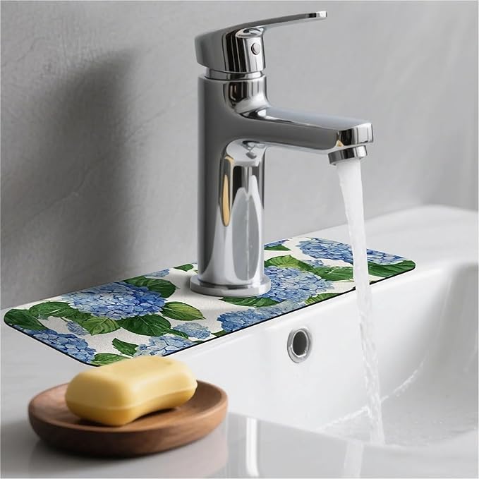 Kitchen Sink Splash Guard，Blue hydrangea Faucet Mat Sink Gadgets-Super Absorbent Fast Drying Mat Drip Catcher for Kitchen, Bathroom,Sink Mat, Dish Drying Mat, Bathroom(15" X 5.5" )