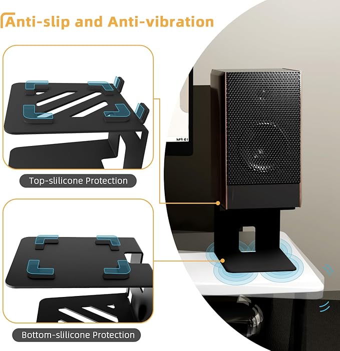 Desktop Speaker Stands with Vibration Absorption Pads, Metal Bookshelf Speaker Stands - Studio Monitor Support, 30lbs Load Capacity, 5 Incline, Black