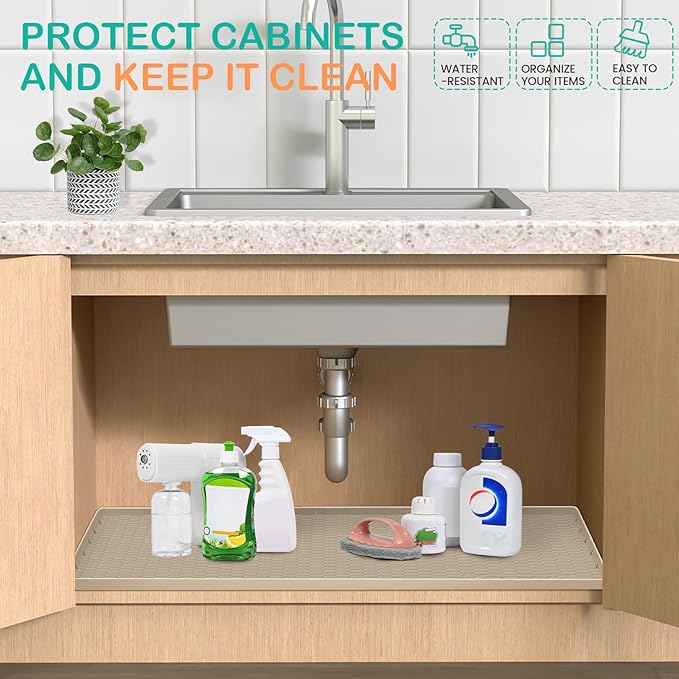 FORWOS Waterproof Under Sink Mat 34" x 19", Silicone Cabinet Liner, Rubber Protector for Kitchen and Bathroom, Keeps Cabinets Clean, Dry, and Organized (Light Grey)