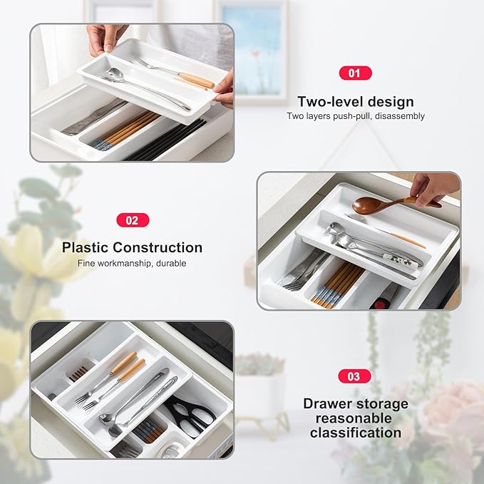 Stackable Drawer Organizer, 2-Tier Plastic Sliding Tray for Kitchen Appliance, Multi Level Kitchen Organizer for Cabinet, Pantry, Drawer, Refrigerator, Freezer