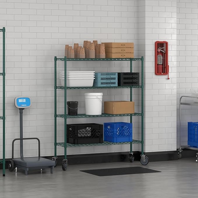 Commercial NSF Listed Green Epoxy Mobile Wire Shelving Kit 14" x 48" x 60", with 4 Shelves Perfect for Warehouse, Walk-in Refrigerator, Freezer, Grocery Store, Restaurant, Dishroom