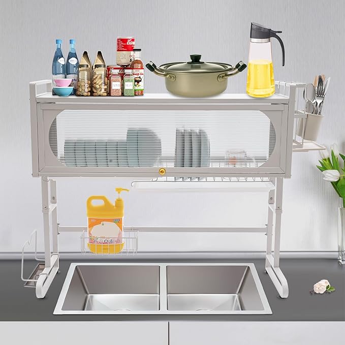 Over The Sink Dish Drying Rack, 3-Tier Kitchen Dish Drainer Rack Height Adjustable Dishware Holder Utensil Organizer Metal Storage Shelf for Countertop