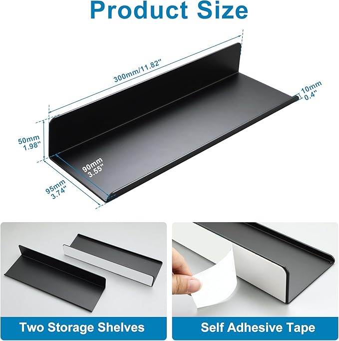 SAYAYO Black Floating Shelves for Wall Storage, 12 Inch Adhesive Wall Shelves for Bedroom Decor, Display Bathroom Shelf Organizer for Kitchen, Living Room, Office, 2pcs
