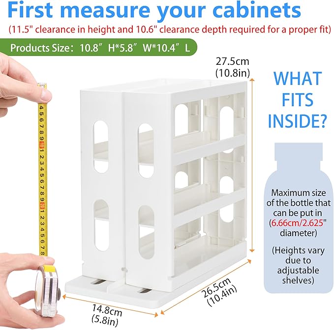 Spice Rack Organizer 3 tier Seasoning Holder, Pull and Rotated Storage Cabinet for Kitchen Bathroom Countertop 10.8”H x 5.8”W x 10.4”D (Creamy White)