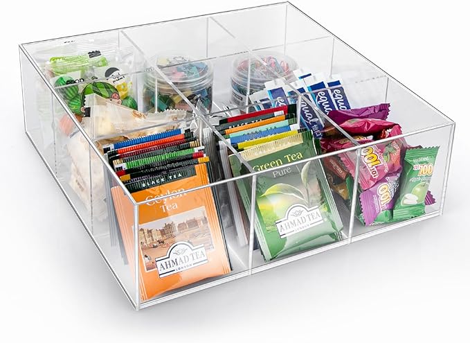 Clear Condiment Organizer and Tea Bag Holder, Acrylic Stash Box 9-Slot Clear Organizer with Lid for Snack Multi-Functional Tea Bag, Sugar Packet, Coffee Container Caddy Box