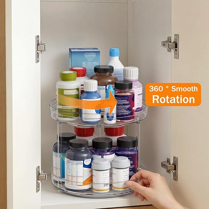 Optish 2 Set 2 Tier Lazy Susan Organizer for Cabinet, 9.5" Rotating Spice Rack Turntable Organizer for Pantry, Kitchen, Countertop, Bathroom, Vanity, Medicine Cabinet Organization
