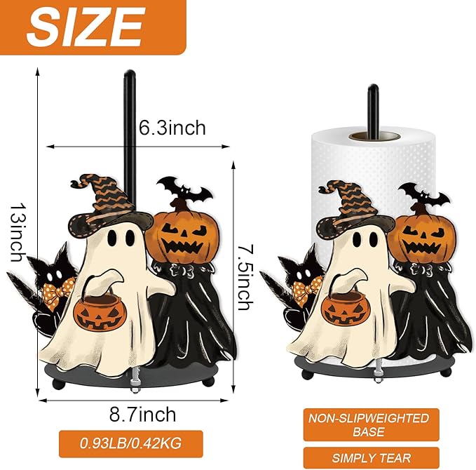JarThenaAMCS Halloween Paper Towel Holder Pumpkin Ghost Cat Kitchen Decor Accessories Large Metal Towel Holder Stand for Fall Home Party Bathroom Countertop