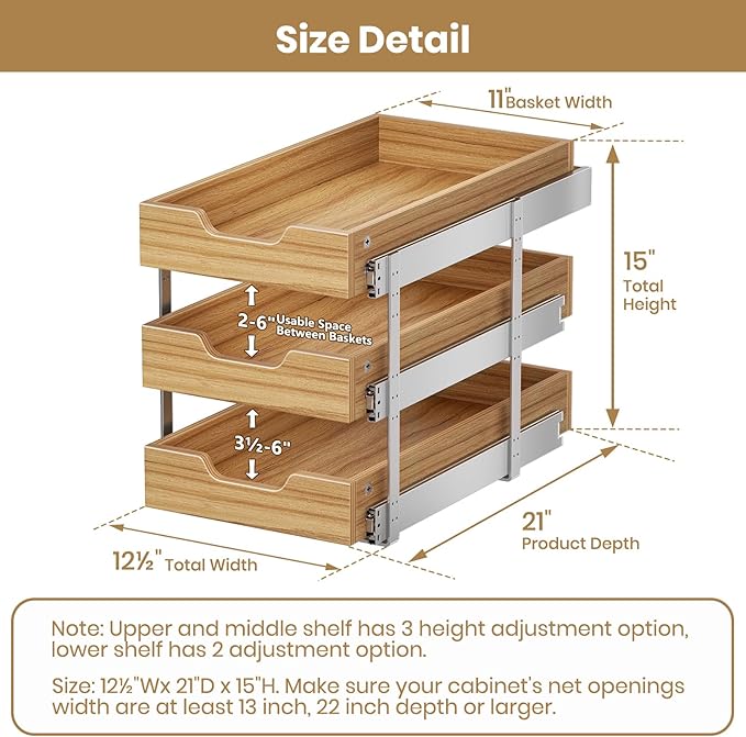 ROOMTEC 3 Tier Pull Out Cabinet Organizer, Heavy-Duty Pull Out Drawer, Slide Out Wood Shelf for Cabinets, Base Cabinet Organization for Pantry, Bathroom (12½"Wx21 D)