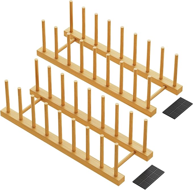 Bamboo Dish Drying Rack, 2-Pack Plate Organizer for Kitchen Cabinet, Vertical Plate Holders with 8 Compartments