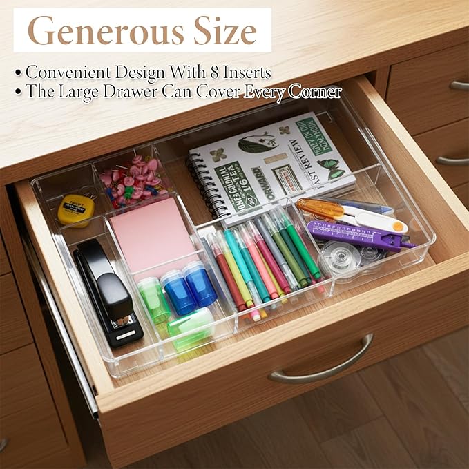 2Pcs 8-Section Clear Drawer Organizer, 13.7" x 8.7" x 2" Large Acrylic Drawer Divider Tray for Desk, Bathroom, Office, Makeup, Junk, Plastic Drawers Organiser Clear Makeup Tray Organizer
