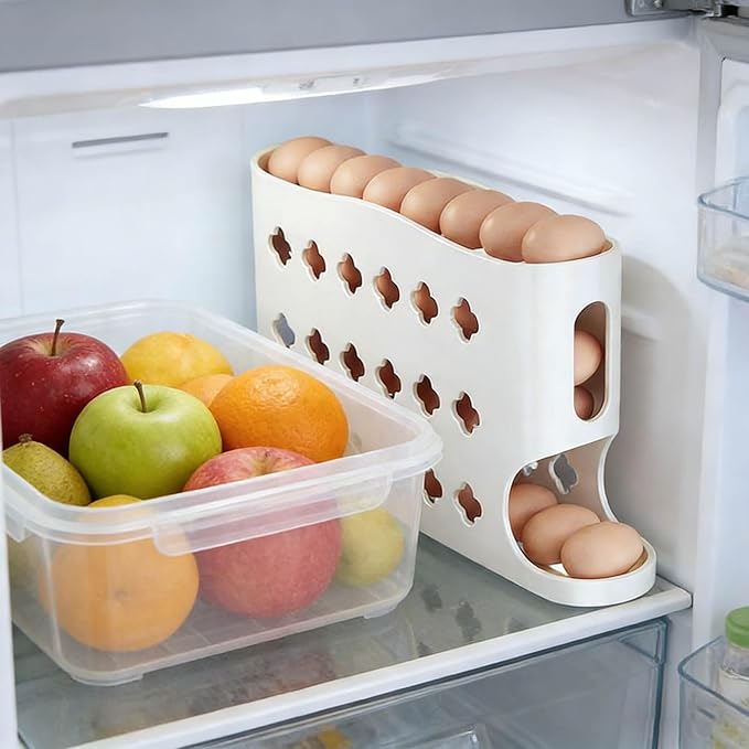 2026 Egg Holder for Fridge, Eggs Dispenser Auto Rolling, No Assembly Required Easy Access, for Refrigerator Tilted Design Kitchen Organizers and Storage Eggs Rack (White)