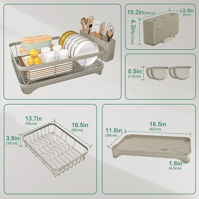 Kitchen Dish Drying Rack – Large Capacity Single Tier Dish Drainer with Drainboard & Utensil Holders, Kitchen Organizer for Dishes, Spoons and Forks, Grey