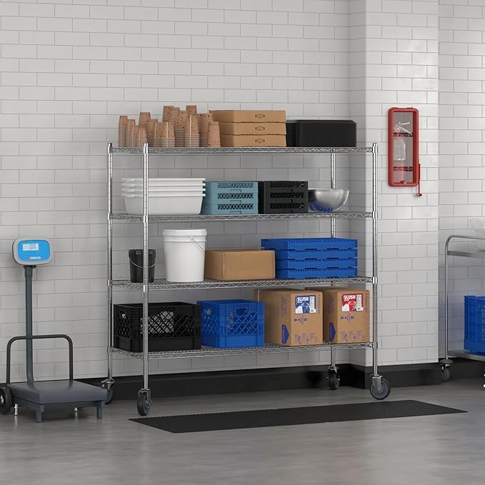 Commercial NSF Listed Chrome Mobile Wire Shelving Kit 21" x 60" x 60", with 4 Shelves Perfect for Warehouse, Walk-in Refrigerator, Freezer, Grocery Store, Restaurant, Dishroom