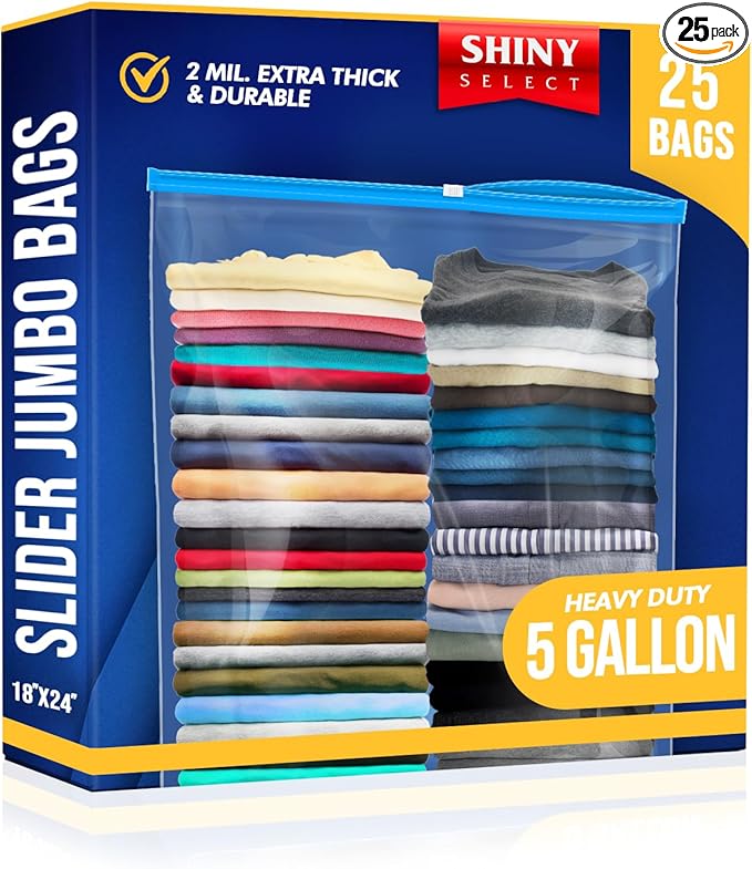 Pack of 25 Extra Large Huge Jumbo Big Slider Freezer Food Storage Bags with Resealable Closure, Thick Big 5 Gallon Size Bags, 18" x 24"