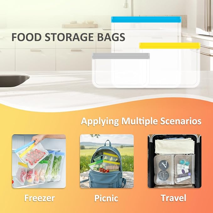 24 Pack Reusable PEVA Food Storage Bags Gallon Freezer Bags, Leak-proof Ziplock Bags for Meal Prep, Travel, Reusable Sandwich Bags for Home Organiz- 6 Gallon 6 Large 6 Quart 3 Sandwich 3 Snack Bags