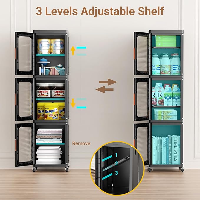 BROVIEW 8-Tier Tall Narrow Storage Cabinet Organizer, Slim Bathroom Cabinets with Adjustable Shelves and Doors, Plastic Kitchen Pantry Organizers and Storages for Small Space, Laundry, Black