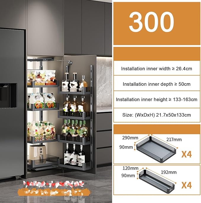 WIGING 4-Tier Narrow Cabinet Pull-Out Basket, High Cabinet Pull-Out Storage Rack with Adjustable Dividers for Kitchen Bathroom Pantry, Single-Layer Load Capacity: 15kg(21.7x50x133cm)
