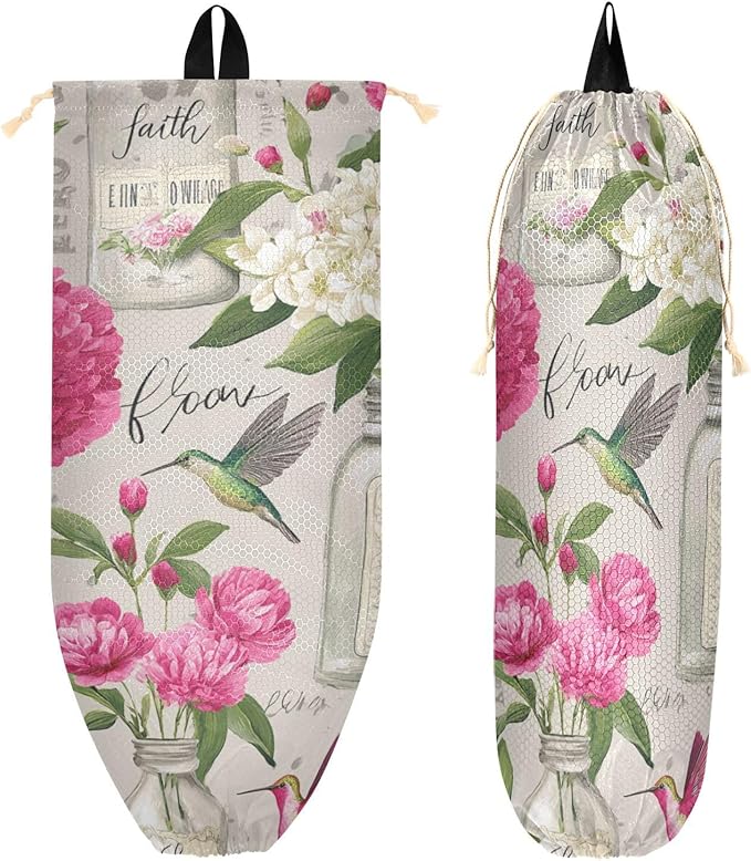 Plastic Bag Holder Wall Mount Grocery Bag Shopping Bag Storage Holder Organizer Dispenser with Adhesive Hook,for Kitchen Bathroom Home Decor 9x22 Inches Vases Flowers Birds Beige17