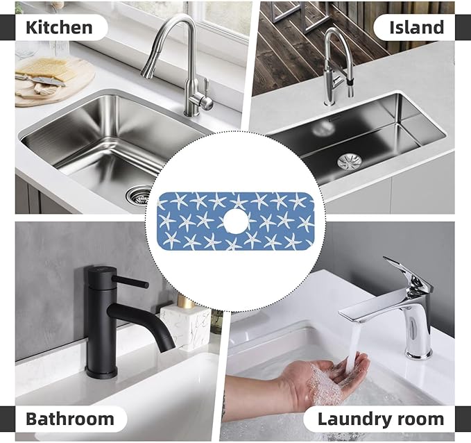 Blue Starfish Abstract Coastal Beach Nautical Ocean Kitchen Sink Splash Guard Faucet Mat Super Absorbent Fast Drying Mat Sink Gadgets-Fast Drying Pad Sink Mat For Kitchen Bathroom (15" X 5.5" )