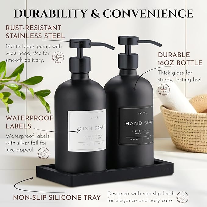 Lotion, Hand & Dish Soap Dispenser for Kitchen & Bathroom | Soap Dispenser Set of 2 16.8 Oz Glass Bottles with Stainless Steel Pump, 15 Water Proof Labels & Silicon Tray (Black)