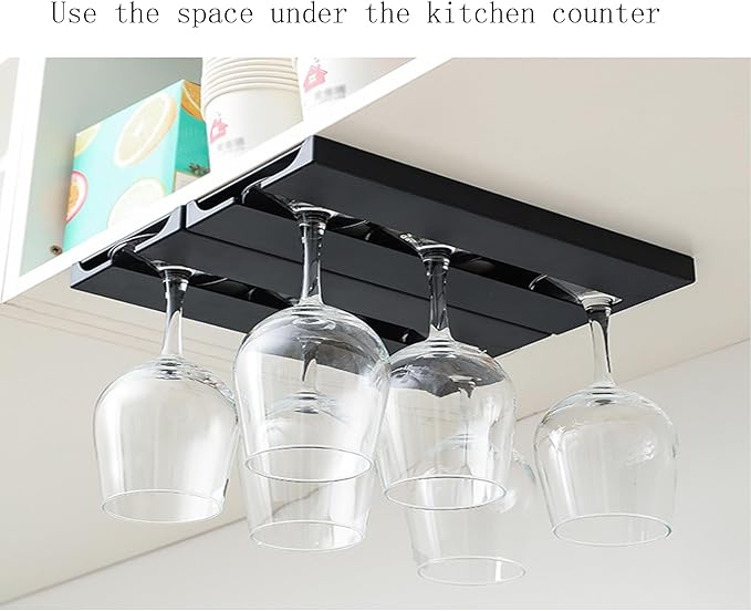 Wine Glass Holder,Under Shelf Cabinet Wine Glass Rack, Plastic Stemware Rack,Glassware Drying Storage Hanger for Kitchen,Bar and Restaurant (Black Style B-4 pc)