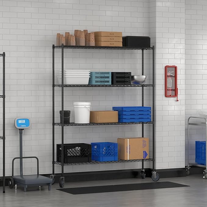 Commercial NSF Listed Black Epoxy Mobile Wire Shelving Kit 14" x 60" x 80", with 4 Shelves Perfect for Warehouse, Walk-in Refrigerator, Freezer, Grocery Store, Restaurant, Dishroom
