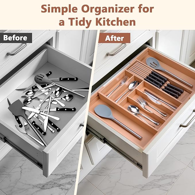 9-Piece Bamboo Kitchen Drawer Organizer Set, Expandable Silverware &Utensil Organizer with Removable Knife Block & Steak Knives, Flatware Organization, Tableware Dividers Storage(Brown)