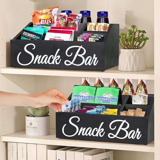 Snack Organizer for Countertop, Wooden Snack Tray and Food Storage Bins, Large 5-Compartment Snack Basket for Pantry, Kitchen Cabinet Pantry Organizer and Storage Bins for Packets