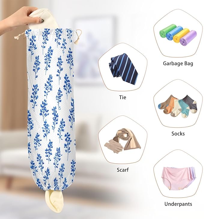 Plastic Bag Holder Wall Mount Grocery Bag Shopping Bag Storage Holder Organizer Dispenser with Adhesive Hook,for Kitchen Bathroom Home Decor 9x22 Inches Small Bluebonnet Flower16
