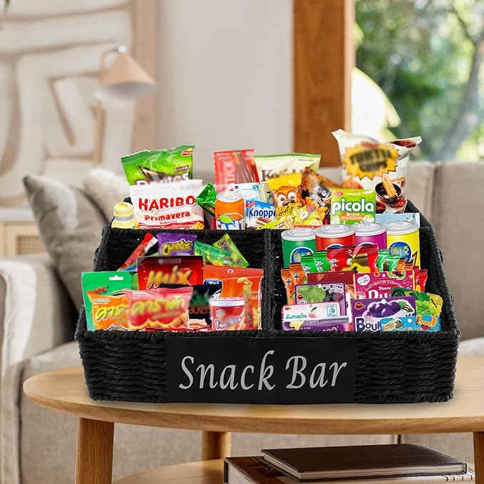 Snack Organizer for Countertop, Trapezoid 3 Compartment Snack Basket Snack Box Container , Snack Bar Organizer, Paper Rope Basket for Kitchen Pantry Organizers and Storage, Black