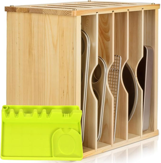 6 Tier Wooden Cabinet Tray Dividers for Baking Trays, Pans & Cutting Boards - 16.61" W x12.4 D x14.09 H Vertical Cookie Sheet Organizer, Spoon Rest, Utensil Holder, Kitchen for Pots Pans Storage