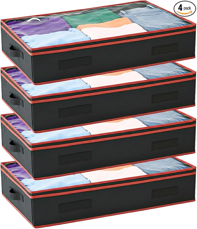 DORINT 6 Inches Under Bed Storage Containers with Clear Lids | Pack of 4 Underbed Shoe Storage Foldable Clothes Organizer Bins for Blankets, Pillows, Sturdy Handles, Dustproof, & Seasonal Items