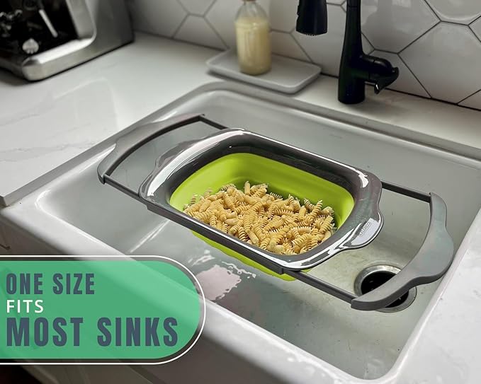 Comfify XL Large Kitchen Strainer - Collapsible Silicone Over-The-Sink Colander with Extendable Handles - Use with Pasta, Fruit, Berries & Veggie - 6 Quart - Green
