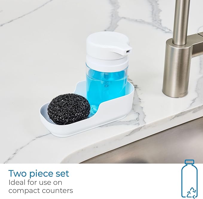 iDesign Plastic Kitchen Sink Caddy Sponge Holder with Soap Dispenser - White/Clear