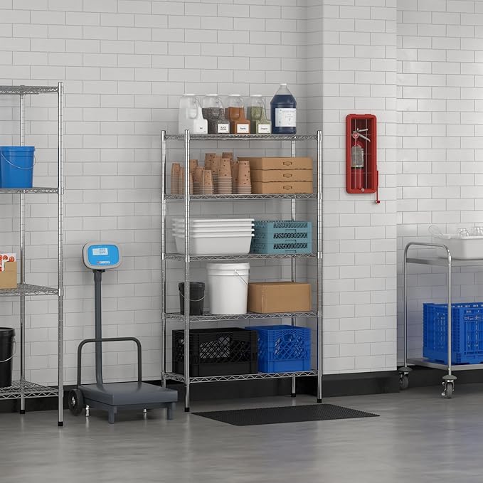 Commercial NSF Listed Chrome Stationary Wire Shelving Kit 14" x 36" x 64", with 5 Shelves Perfect for Warehouse, Walk-in Refrigerator, Freezer, Grocery Store, Restaurant, Dishroom