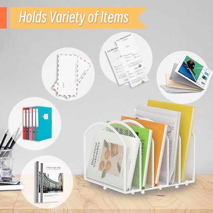 Desk File Organizer 5 Sections Desktop Organizer File Sorter Office Organization File Folder Holder for Office School & Classroom (White, 5 Section - 1Pack)